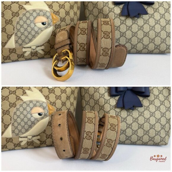 Authentic GUCCI Brown Monogram Canvas Gold double G Buckle Belt 85/34 - Picture 8 of 13